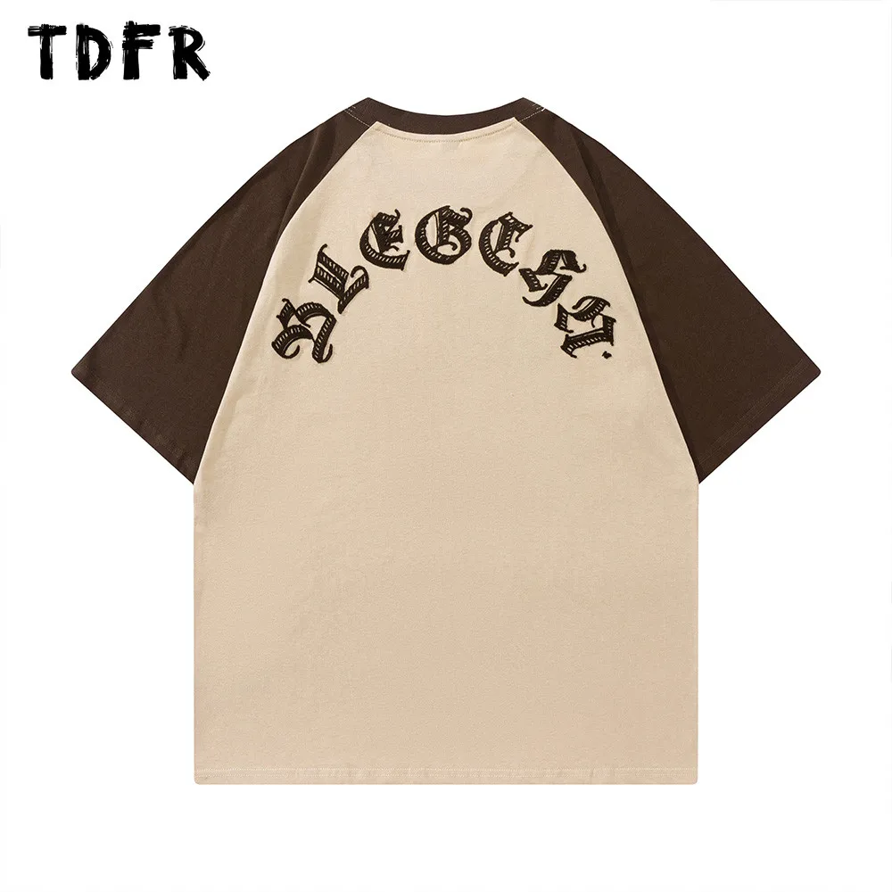 

Letter Embroidery Short Sleeve T-shirt Mens Summer Retro Amekaji Crew Neck Loose Cotton Tee