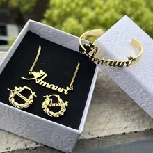 DUOYING Custom Name Jewelry Set Personalized Letter Necklace Customized Name Bangles Stainless Steel Mini Hoop Earrings 18mm 