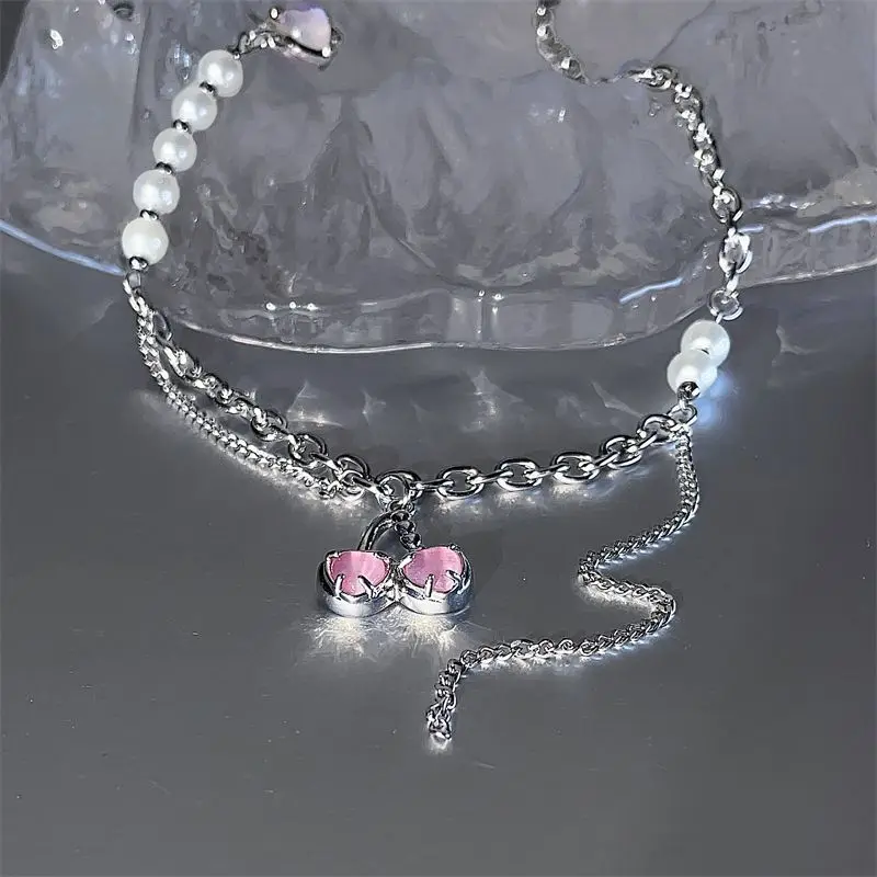 Draweye Pink Cherry Necklaces for Women Sweet Y2k Korean Fashion Jewelry Pearls Beads Elegant Sweet Pendant Necklace Vintage