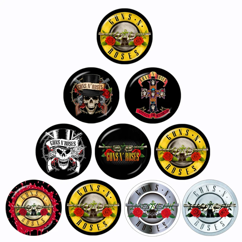 

Latest Guns N Roses Rock Band Pattern 10pcs 12mm/16mm/18mm/20mm/25mm/30mm Round Photo Glass Cabochon Demo Flat Back Making