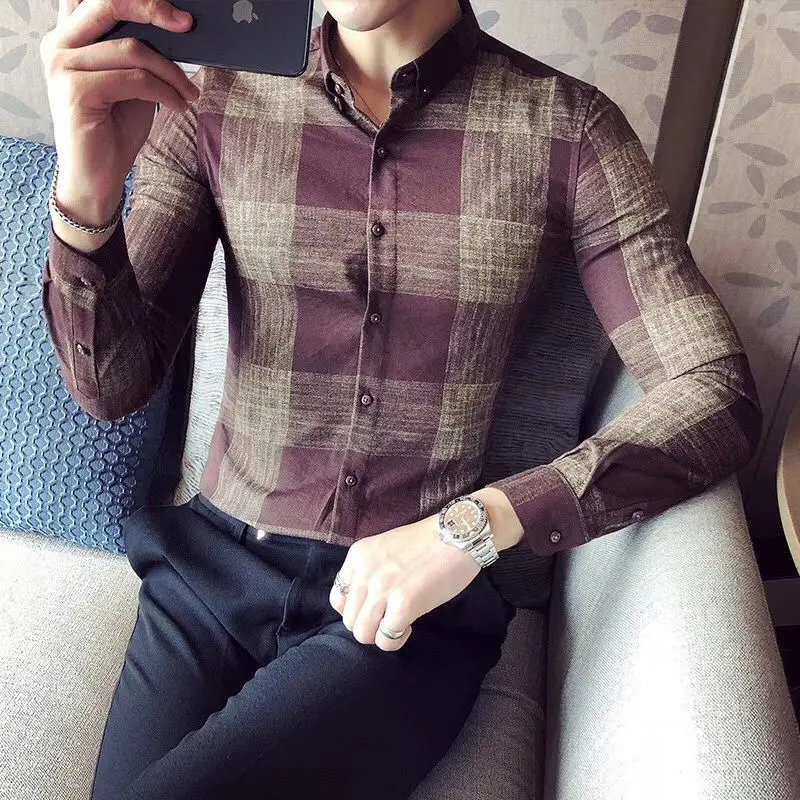 Fashion Printed Lapel Button Plaid Shirt Men's Clothing 2022 Autumn New Oversized Loose Casual Tops All-match Korean ShirtS