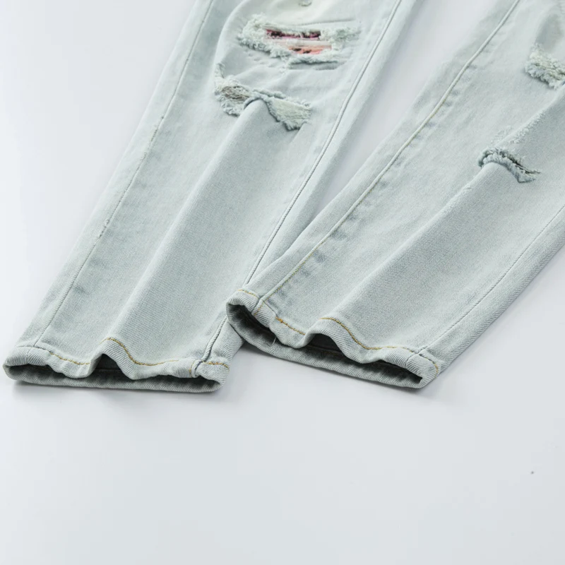 High Street Fashion Men Jeans Retro Washed Blue Elastic Stretch Skinny Fit Ripped Jeans Men Patched Designer Hip Hop Brand Pants