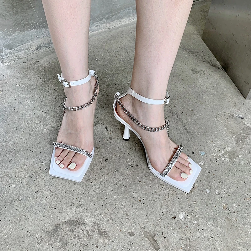 

Open Toe Women Sandals Black White Metal Chain Ankle Strap Thin High Heels Summer Wedding Pumps Ladies Sandals Dress Shoes 2022
