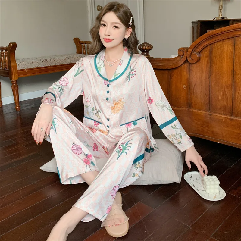 2023 New Ice Silk Pajamas Women's Suit Long-Sleeved Trousers Fashionable Printed Cardigan Homewear Can Be Worn outside