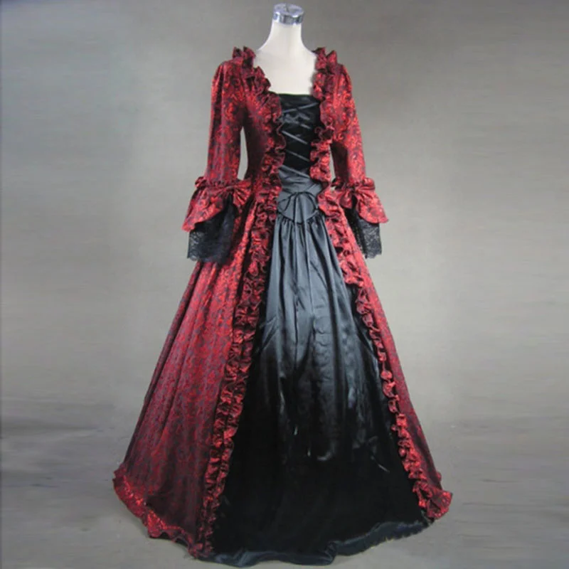 

Red Printd Gothic Victorian Period Party Dress 18th Century Retro Long Flare Sleeve Lace Ruffles Princess Dress for Women