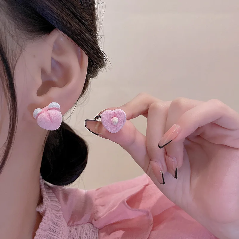 

Pink Peach Earrings for Women Asymmetrical Versatile Earrings Autumn and Winter Flocking Earrings Popular Fashion Jewelry Gift