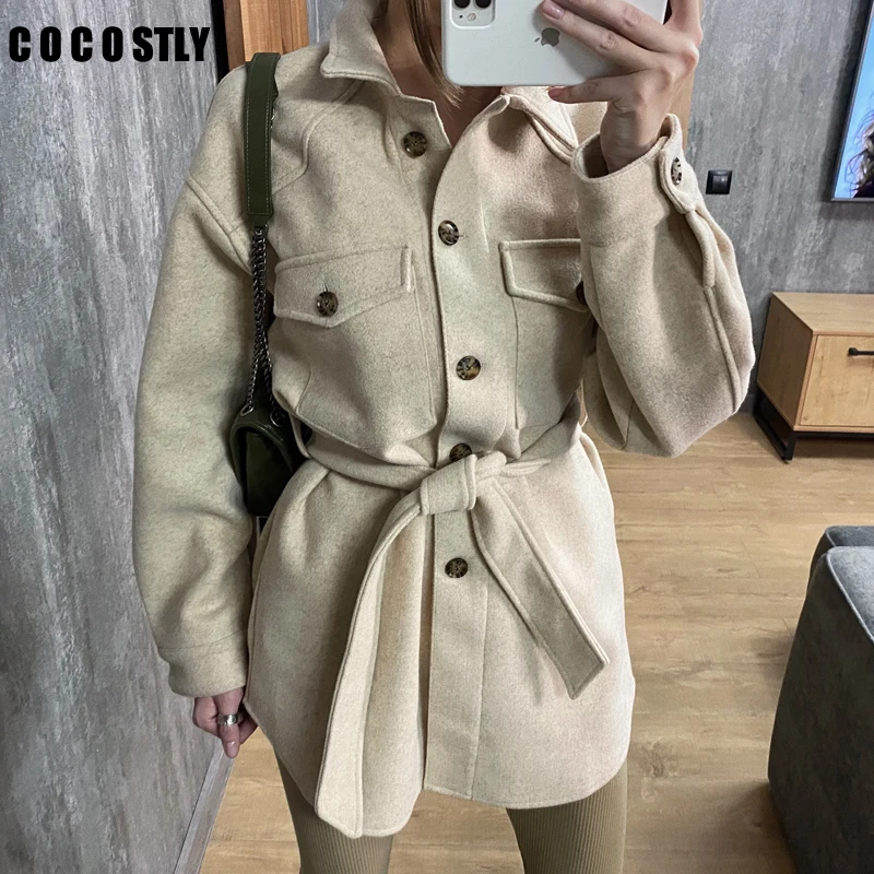 

Женская винтажная куртка с карманами, зеленая теплая Свободная куртка с поясом, повседневная шерстяная верхняя одежда, осень-зима 2022