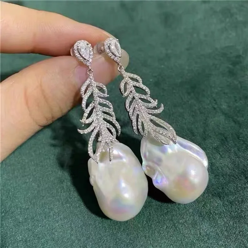 

MeiBaPJ Natural Baroque Pearl Feather Drop Earrings Real 925 Silver Empty Tray Fine Charm Wedding Jewelry for Women