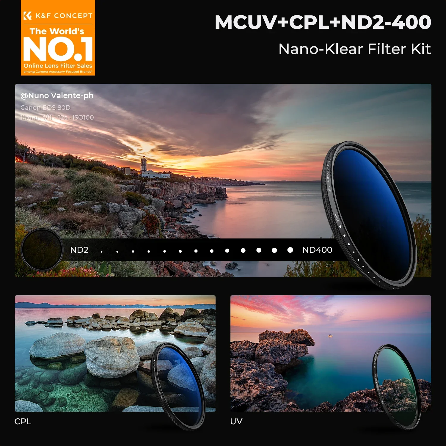 Фото Набор фильтров K&F CONCEPT серии K 49-82 мм (UV/CPL/ND2-400/Black-Mist 1/4) с чистящими салфетками для объективов камер Nikon, Canon, Leica №2