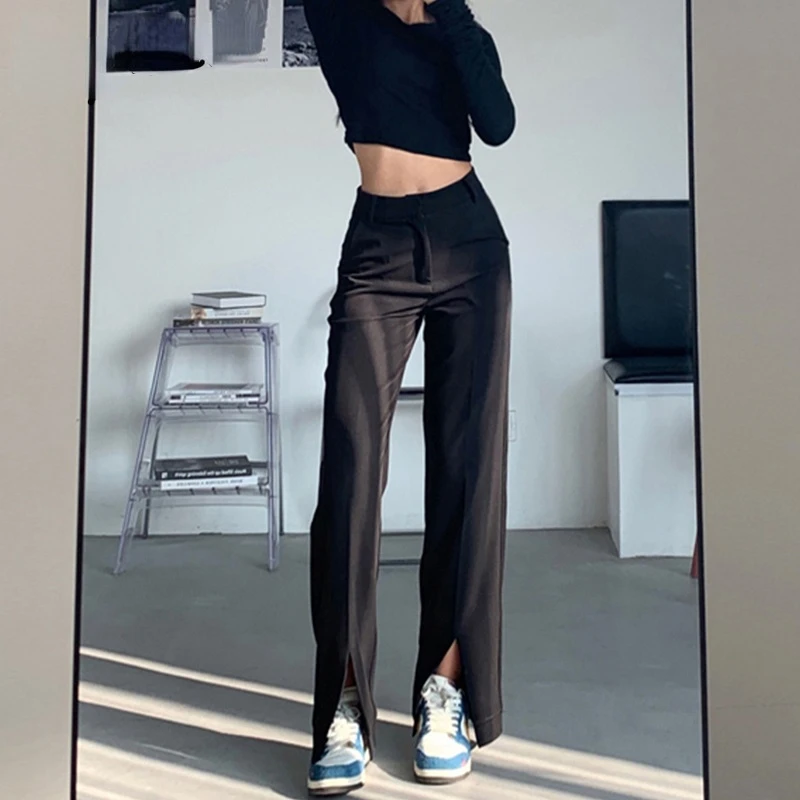 

2022 прямые женские расклешенные брюки с разрезом, женские брюки, Корейская одежда спереди, уличная одежда, черные брюки с колокольчиком