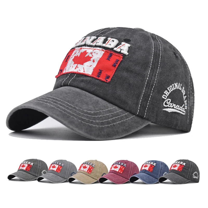 

Retro-style Baseball Cap Sun hat Washed denim baseball cap Canadian flag Spring Autumn baseball Sport cap Hip Hop Fitted Cap