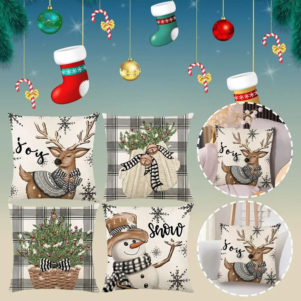 

17-inch Green Plaid Series Christmas Pillowcase Decorated Snowman Cover Printed Pillow Sofa With Christmas Elk Tree Cushion I0L4