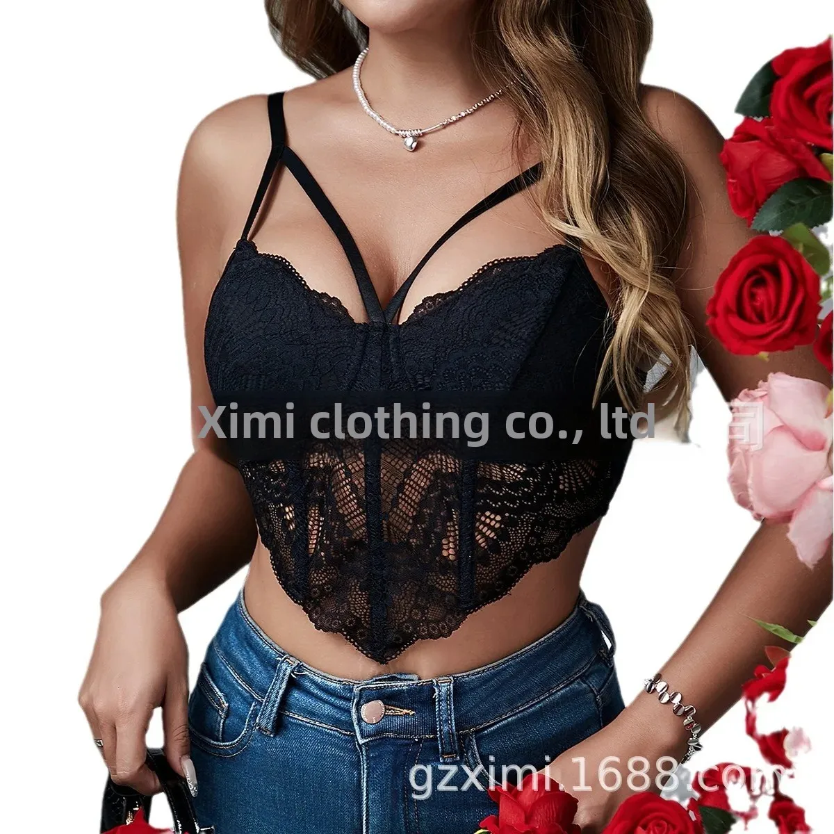 Новый летний уличный стиль пикантная девушка утягивающий кружевной жилет