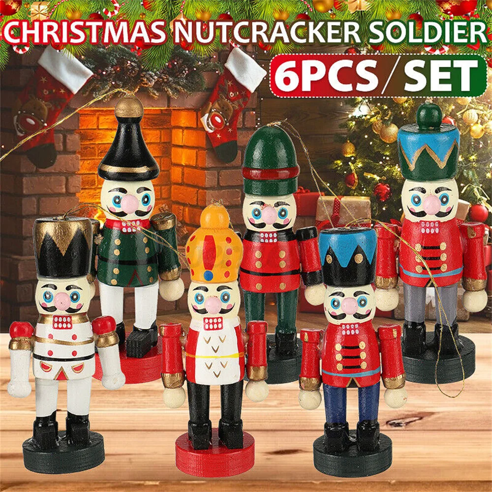 

6pcs Wooden Nutcracker Doll Soldier Miniature Figurines Vintage Handcraft Puppet 2023 New Year Christmas Ornaments Home Decor