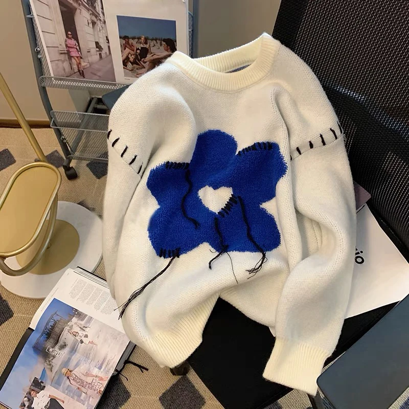 

Жаккардовые свитера с цветочным принтом для женщин пуловеры осенний бежевый о-образный вырез корейский шикарный свободный трикотажный сви...