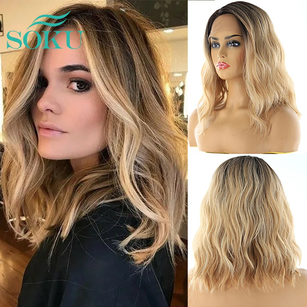 

Ombre Blonde Synthetic Lace Front Wigs Natural Wave Shoulder Length SOKU Deep Invisible Side L Part Wig Short Bob Wigs For Women