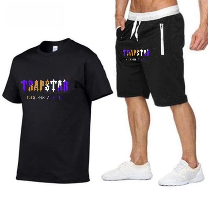 

2022 New TRAPSTAR Men's Clothing T-shirt Tracksuit Sets Harajuku Tops Tee Funny Hip Hop Color T shirt+Beach Casual Shorts Set