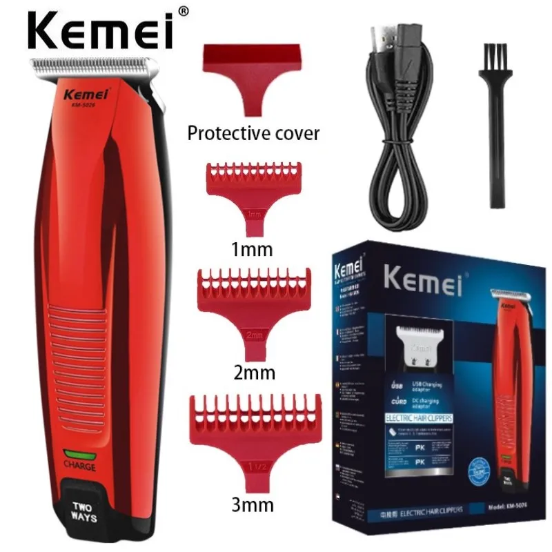 

Профессиональная машинка для стрижки волос Kemei, беспроводной триммер с красными головками, 0 мм, для бороды