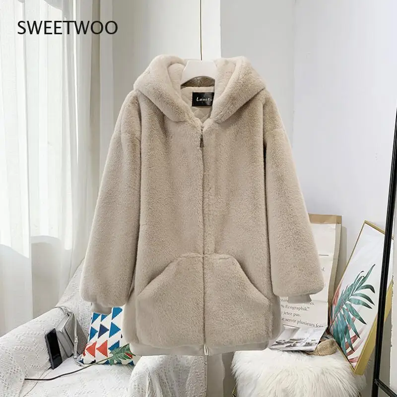 Fashion Plush Coat Women's Winter Imitation Rex Rabbit Fur Grass Loose Medium Length 2022 New Hooded Thickened Coat