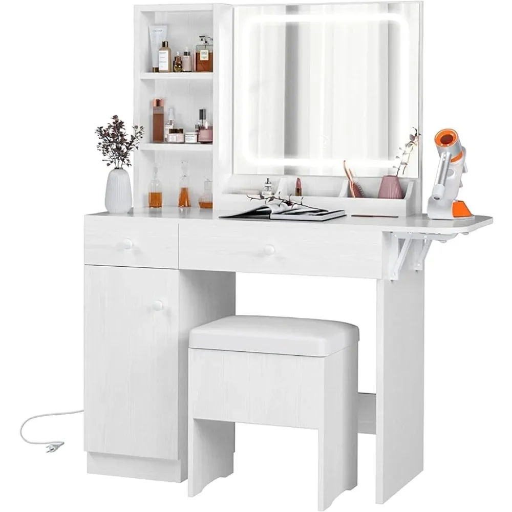 

IRONCK столик для туалетного столика с планкой и розеткой, макияжный столик с ящиками и шкафом, стул для хранения, для спальни, белый