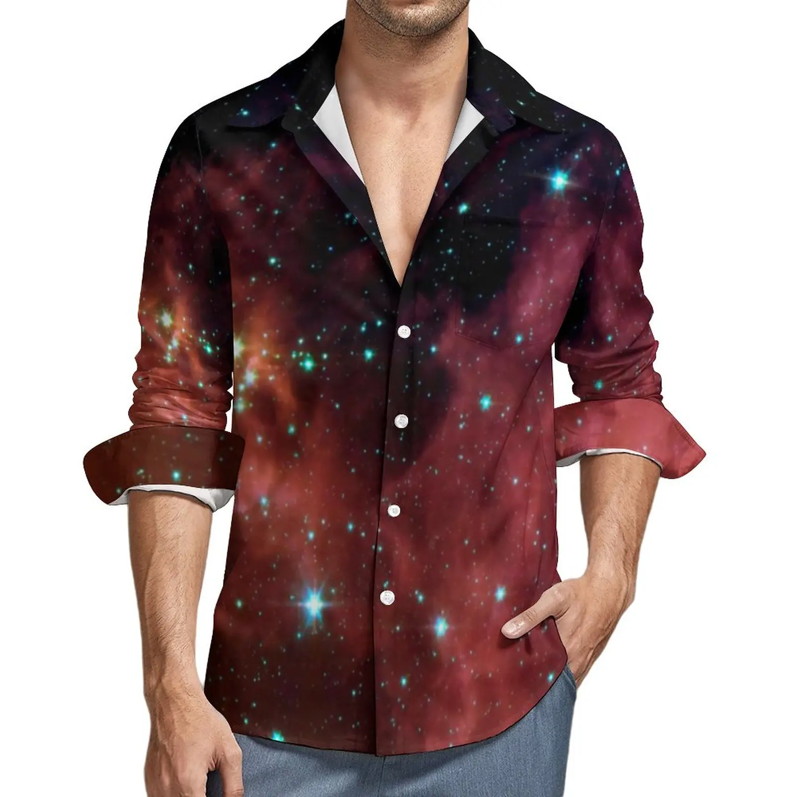 

Starry Night Print Shirt Spring Orion Nebula Casual Shirts Men Vintage Blouses Long Sleeve Design Funny Clothing Large Size