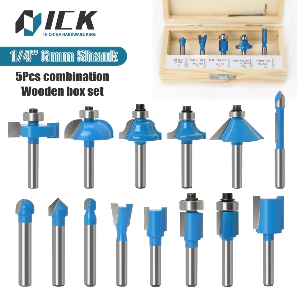 

ICK 5Pcs 1/4" 6mm Shank Router Bit Set Various Milling Cutter For Wood Trimming Slotting Engraving Carbide Woodworking DIY Tools
