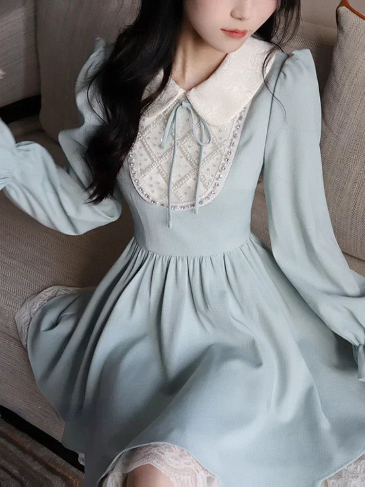 

Blue Korean Kawaii Sweet Dress Women Bubble Sleeve Elegant Party Mini Dress Peter Pan Collar Vintage Dress Autumn Winter 2024