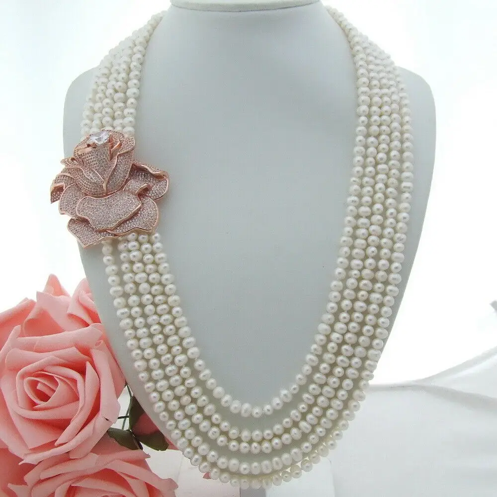 

Charming 5 strand freshwater aquaculture white pearl necklace micro inlay zircon buckle flower accessories necklace long 61-68 c