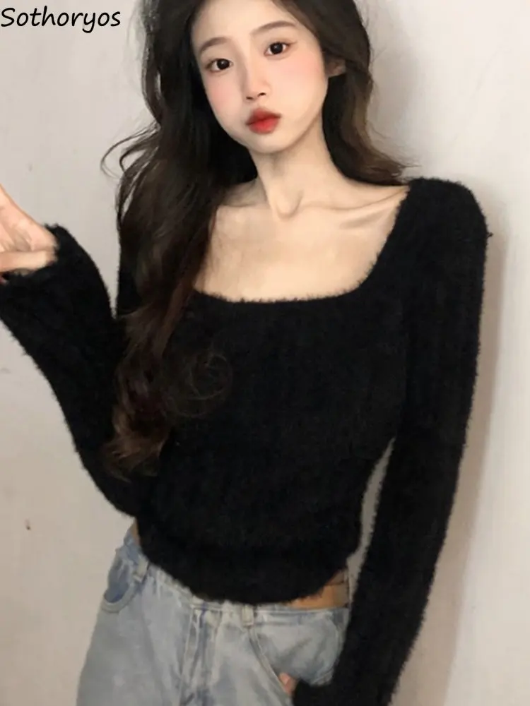 

Knitted Pullovers Women Square Collar Solid Slim Sexy Elegant Ladies Crop Designed Simple All-match New Winter Fluffy Soft Chic