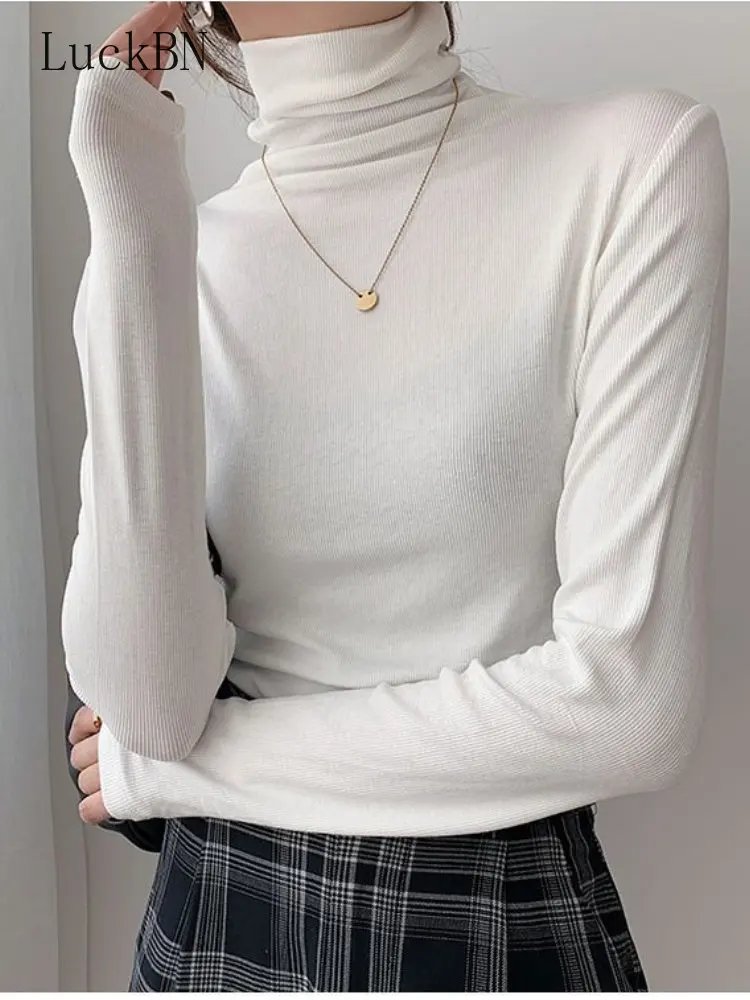 

Turtleneck Knitted Thin Slim Women's T-Shirts 2022 New Autumn Long Sleeve Bottoming Minimalist Shirts Basic Knitwear Tops Female