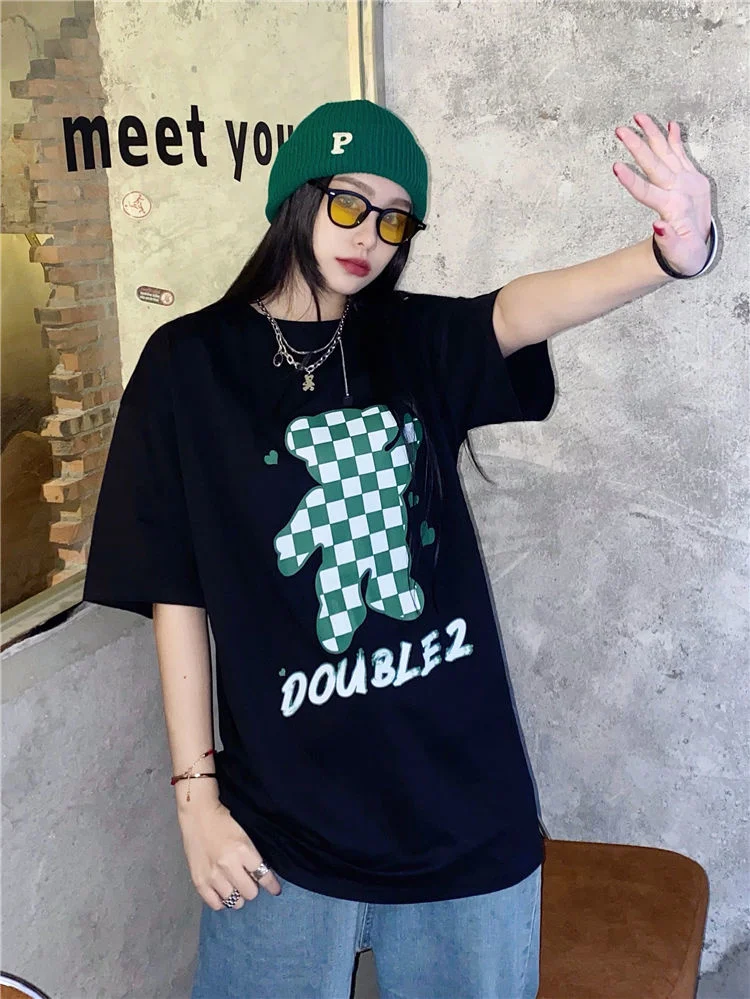 

Свободная уличная футболка с коротким рукавом и шахматным медведем из чистого хлопка