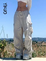 yikuo streetwear light grey cargo pants casual baggy drawstring low rise sweatpants women pocket jogging pants harajuku capris