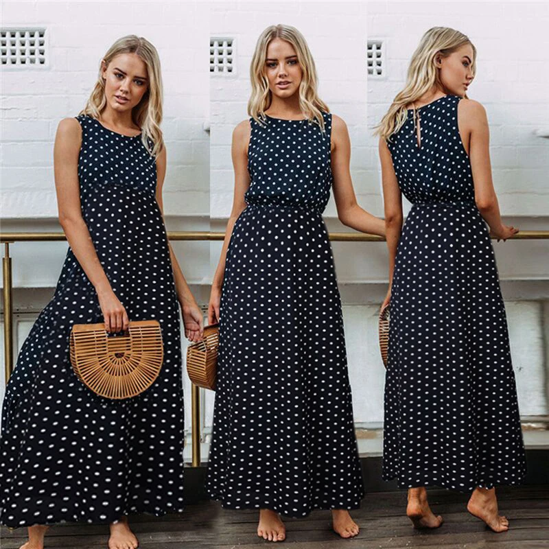 

2022 Bobo Women Dark Blue Boho Loose Sleeveless Holiday Dot Print Long Maxi Dress Evening Party Beach Dresses Summer Sundress
