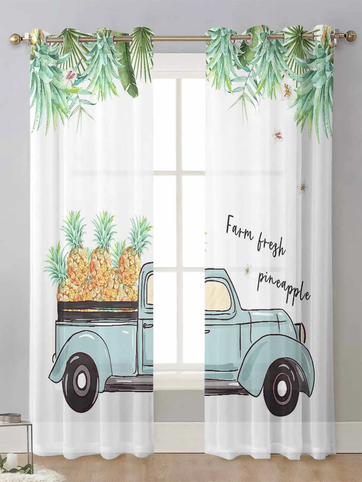 

Pineapple Truck Tropical Plant Sheer Curtains For Living Room Window Transparent Voile Tulle Curtain Cortinas Drapes Home Decor