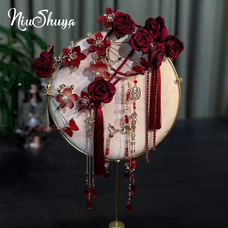NiuShuya, Новая китайская мода, свадебные украшения для волос для невесты, аксессуары, красная роза, цветок, кисточки, шпильки для волос с кристаллами, набор головных уборов