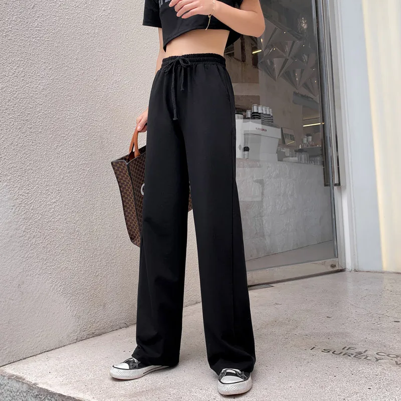 Pure cotton sweatpants woman drooping tall waist show thin continuous leisure wide-legged pants with pants