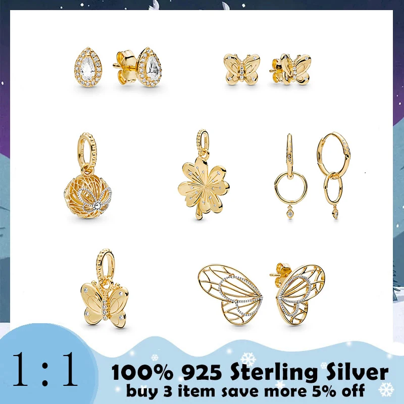 

High Quality 100%925 Sterling Silver Charm Butterfly Earrings Plated With Gold Fashion Exquisite Diy Bracelet Delivered Free