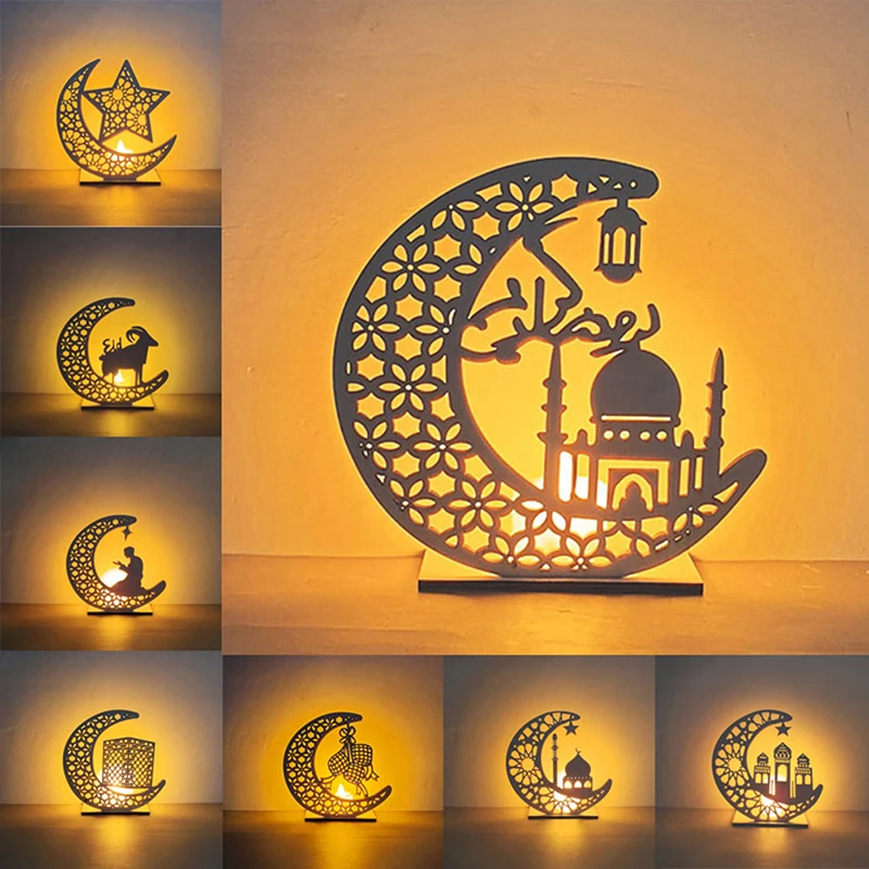 

EID Mubarak Wooden Pendant Night Light Ramadan Decoration for Home Islamic Muslim Party Decor EID Gifts Moon Lamp Room Decor