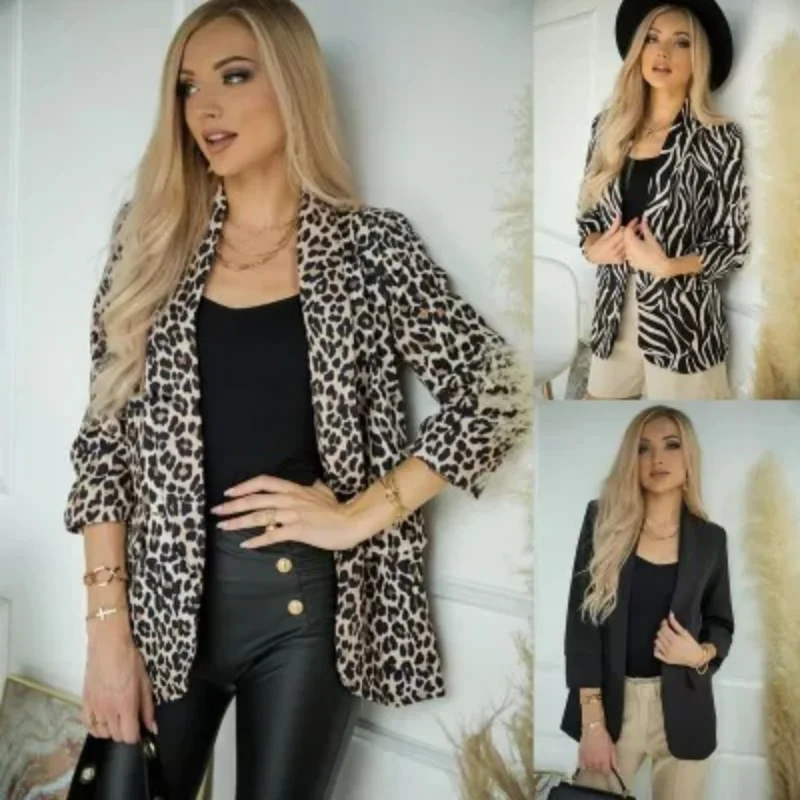 New 2023 Fashion  Long-sleeve Printed Jacket Women Buttonless Collar Cropped Blazer Coats