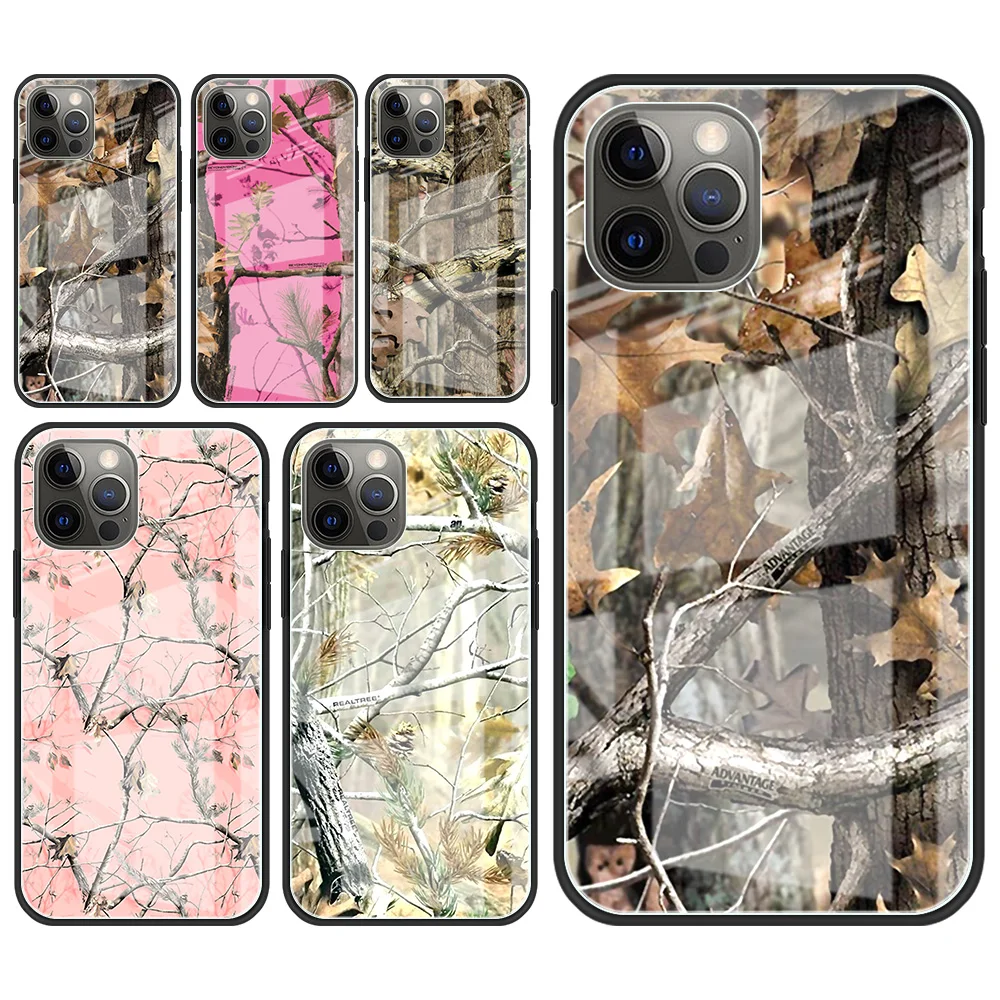 Стеклянный чехол для телефона iPhone 13, 11, 12 Pro, 7, XR, X, 6 Plus, 6S, 8, XS Max, SE, мягкие края, закаленный Чехол для мобильного телефона Realtree Real Tree