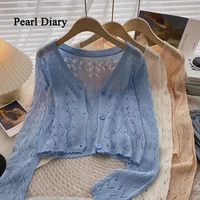 pearl diary woman v neck single breasted long sleeve sweater hollow out hook flower top women fashion all match short cardigan