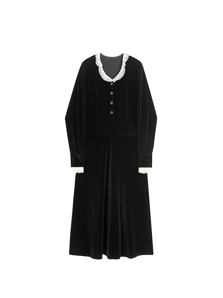 

Women Black Velvet French Elegance Midi Frocks Crew-neck Lace Decoration Long Sleeve Calf Length Dress Female Robe Classic Chic