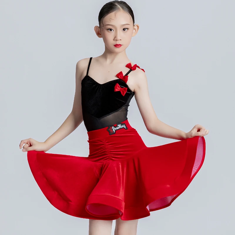 

Детский костюм для бальных танцев, костюм для соревнований, женская черная юбка, красная юбка, одежда для латиноамериканских танцев, одежда для выступлений и сцены, 8753