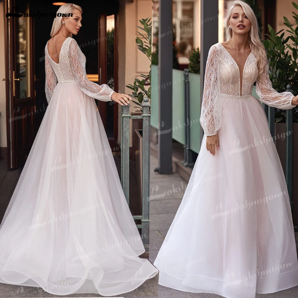 

Очаровательное свадебное платье А-силуэта с длинными свободными рукавами полупрозрачные Изящные блестки великолепное платье невесты robe de ...