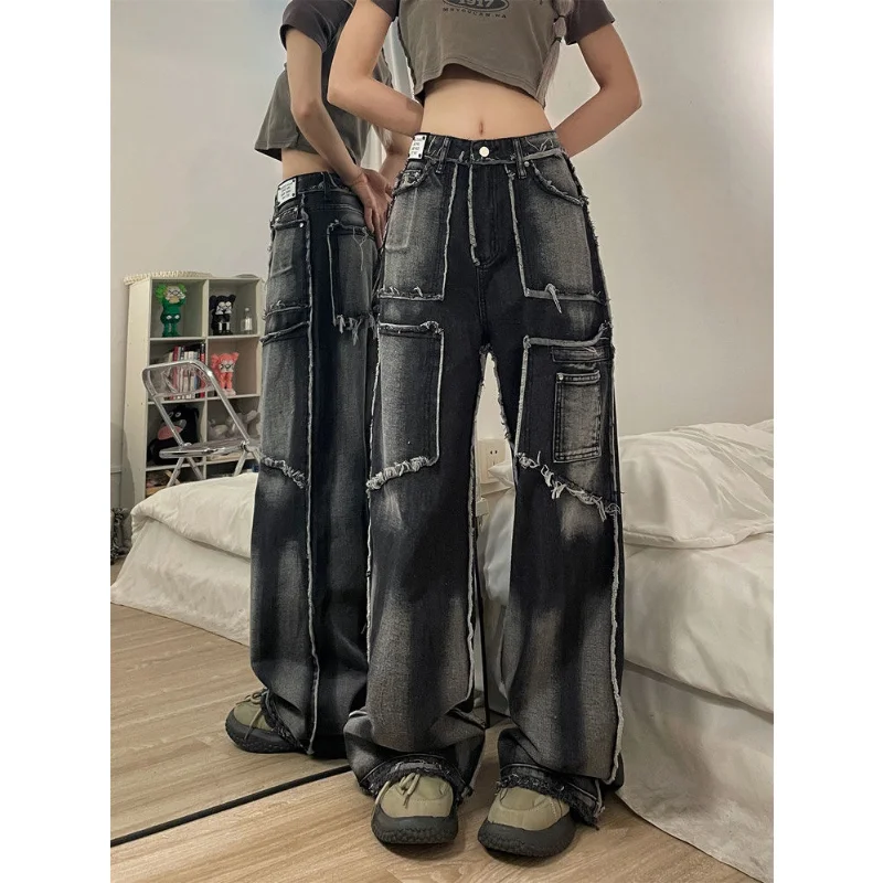 Deeptown Y2k Harajuku Jeans Women Black Denim Baggy Cargo Pants Patchwork Wide Leg Gothic Streetwear Grunge Trousers 90s Vintage