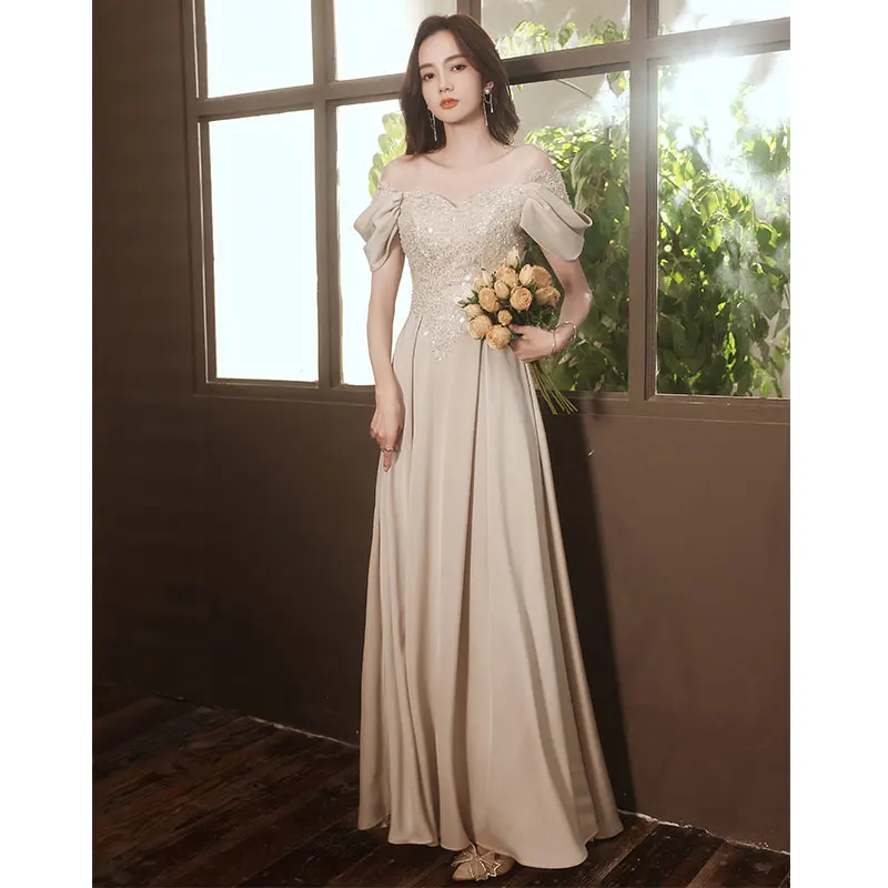

Элегантные вечерние платья с открытыми плечами, женские Роскошные блестящие Длинные атласные официальные платья цвета шампанского с аппликацией в пол