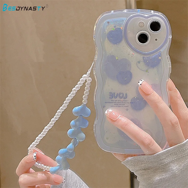 

BESD Korean Cute 3D Love Heart Pearl Bracelet Chain Sequin Wavy Case for iPhone 14 13 12 11 Pro Max X XS XR Kawaii Cover Funda