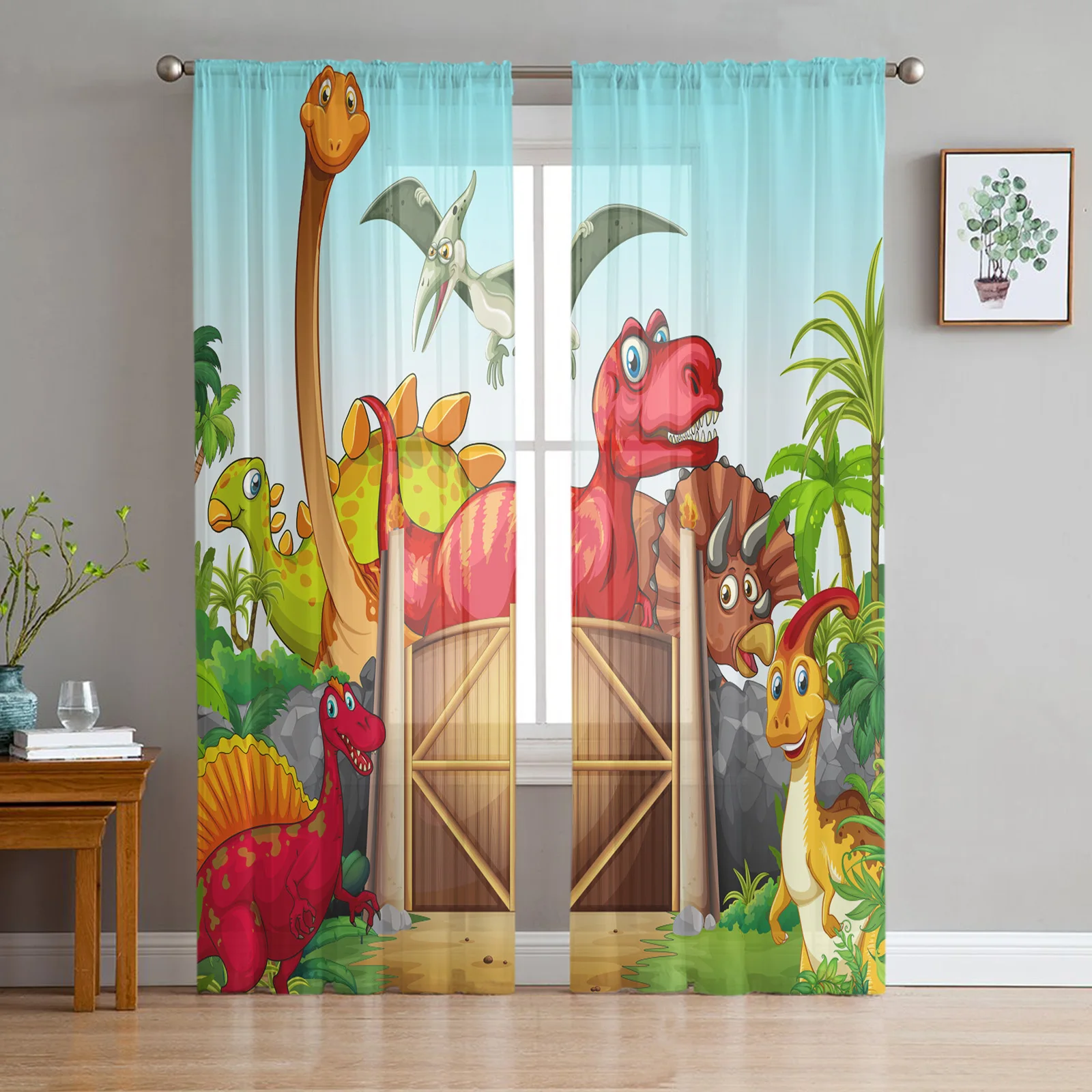 

Cartoon Dinosaur Coconut Tree Sheer Voile Curtain For Living Room Bedroom Decor Transparent Tulle Window Curtains Kitchen Drapes