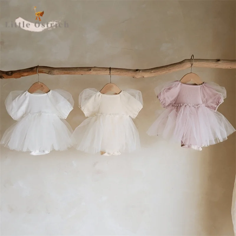 Newborn Baby Girl Cotton Mesh Princess Romper Dress Infant Toddler Vintage Summer Short Sleeve Party Dress Baby Clothes 3-18M