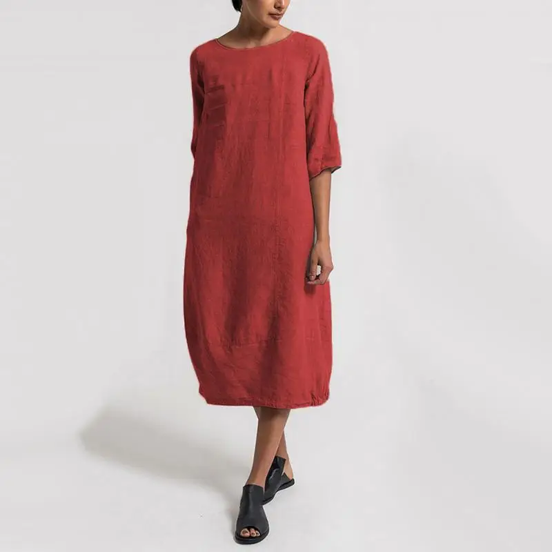 

BTFG 2022 Summer Women's Cotton Long Dress Casual O-neck Multicolor Loose Elegant Dress Women's Fashion Retro Clothes Ladies